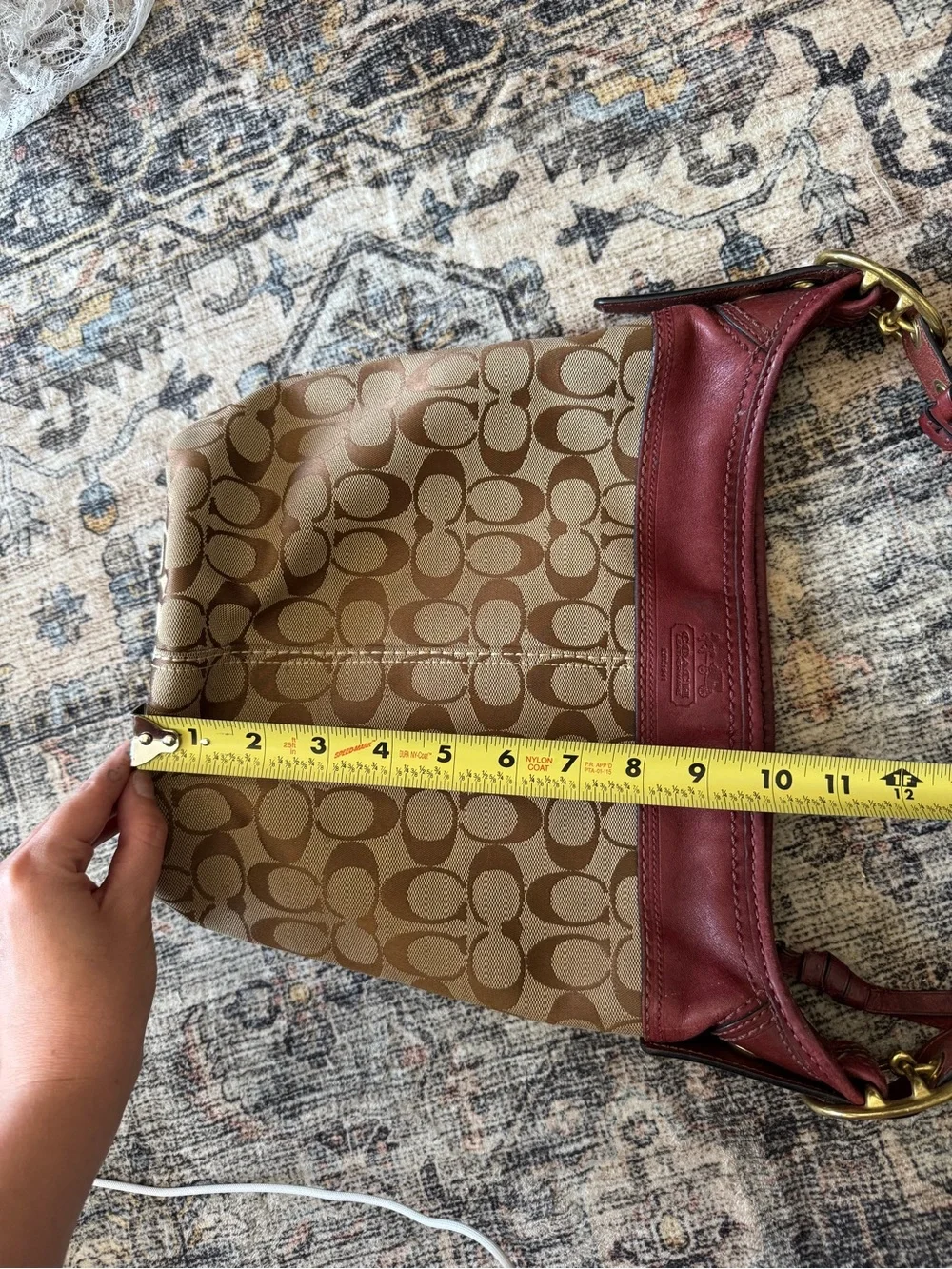 Coach Signature Canvas Bucket Bag with Burgundy Leather Trim